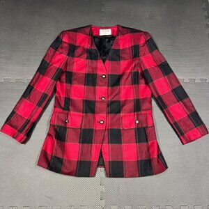 Kasper For A.S.L. Womens Red & Black Plaid Blazer Size 12 Button Front Tailored